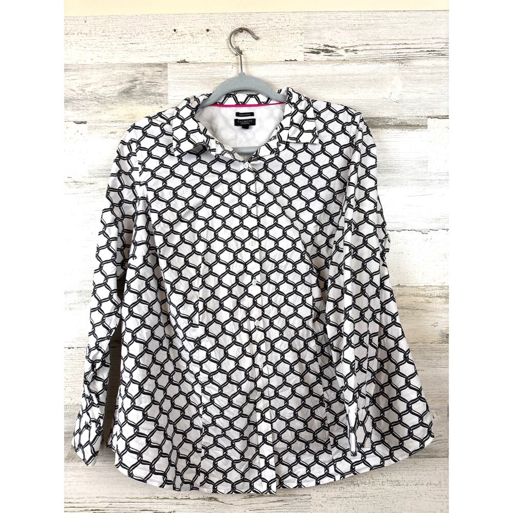 Talbots Womens 14W Petite Black White Circle Chain Wrinkle Free Button Up Shirt